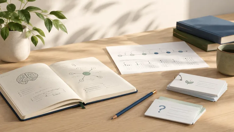 A student reviewing notes and flashcards with a calm study setup